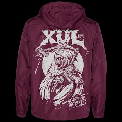 Maroon zip-up lightweight windbreaker with grey grim reaper on the back. Says 'Welcome to the Party' on lower back right.