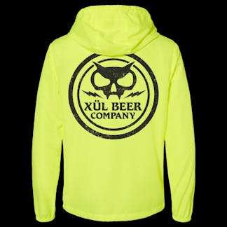 Neon yellow lightweight zip-up windbreaker with our circle emblem on the back.