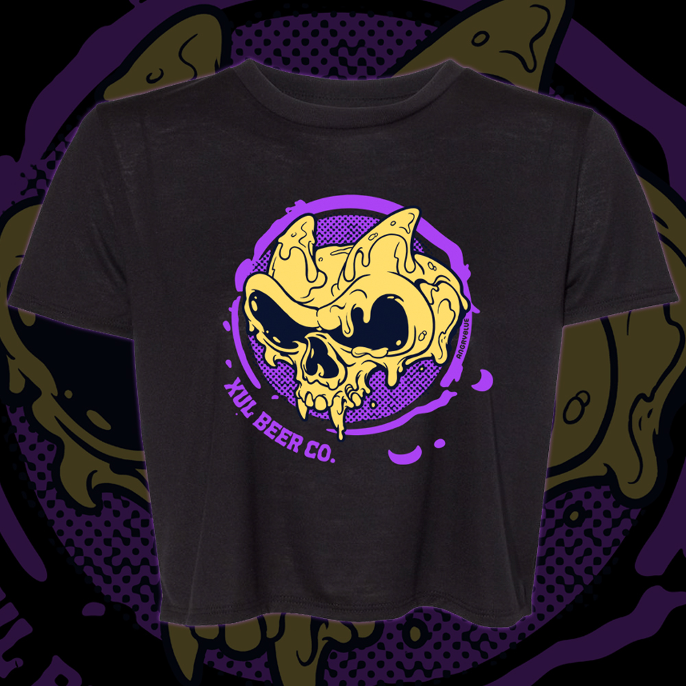 Ladies' Black Crop Tee - Tan/Purple Ooze Skull