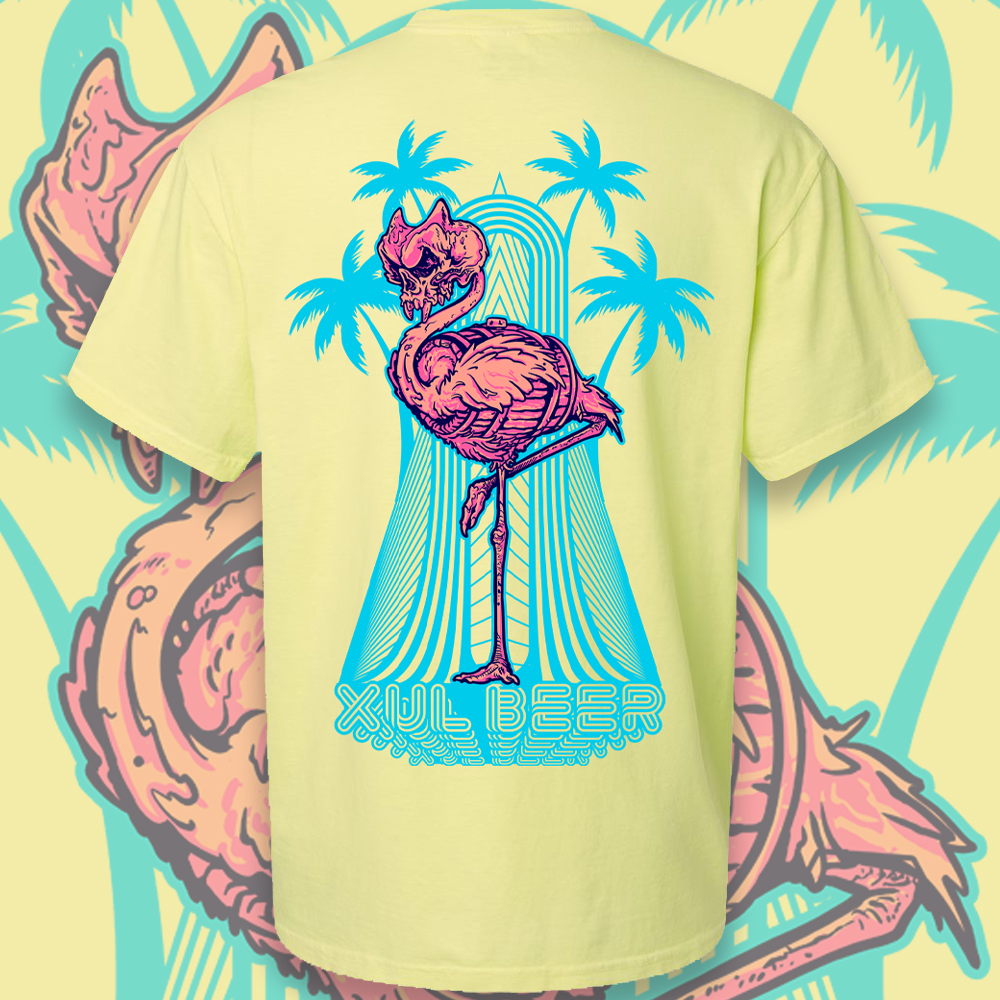 Neon Xulmingo on a lemon AS Colour Staple tee. Flamingo with skull head and beer barrel body. Large blue palm trees popping out behind with Xul Beer.
