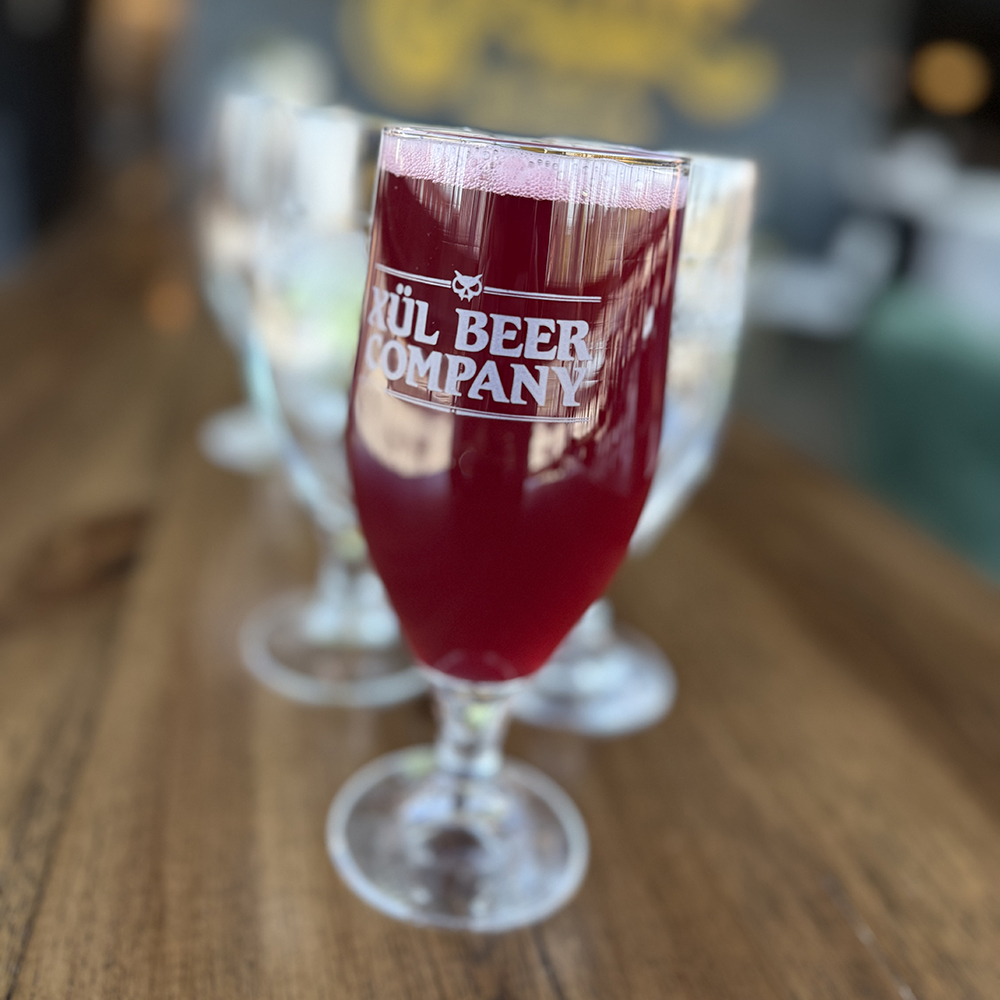 13 oz Rastal Aviero Goblet Glass with Xul Beer Company in white.