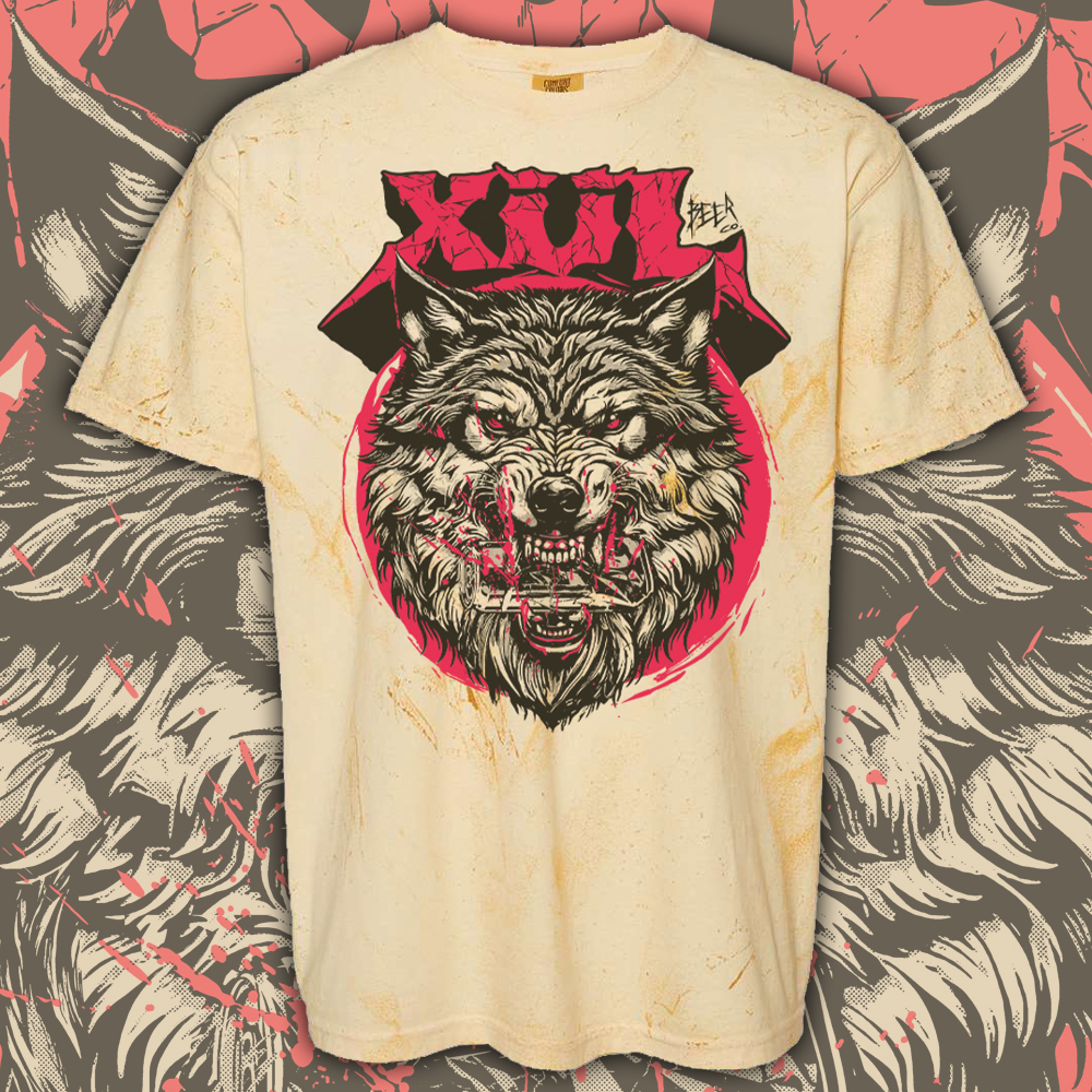 Alpha Wolf Tee on yellow tie-dye tee.