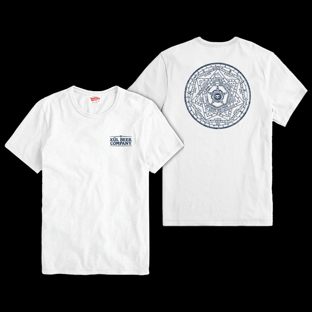 White Standard Rec tee with navy Xul Alchemy symbol on back.