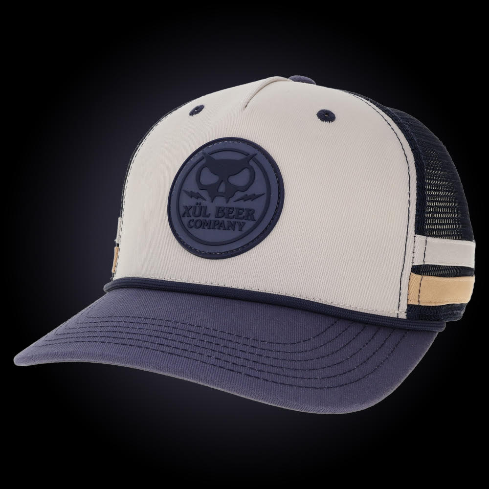 Navy and Cream Striped Fang Head Trucker Hat