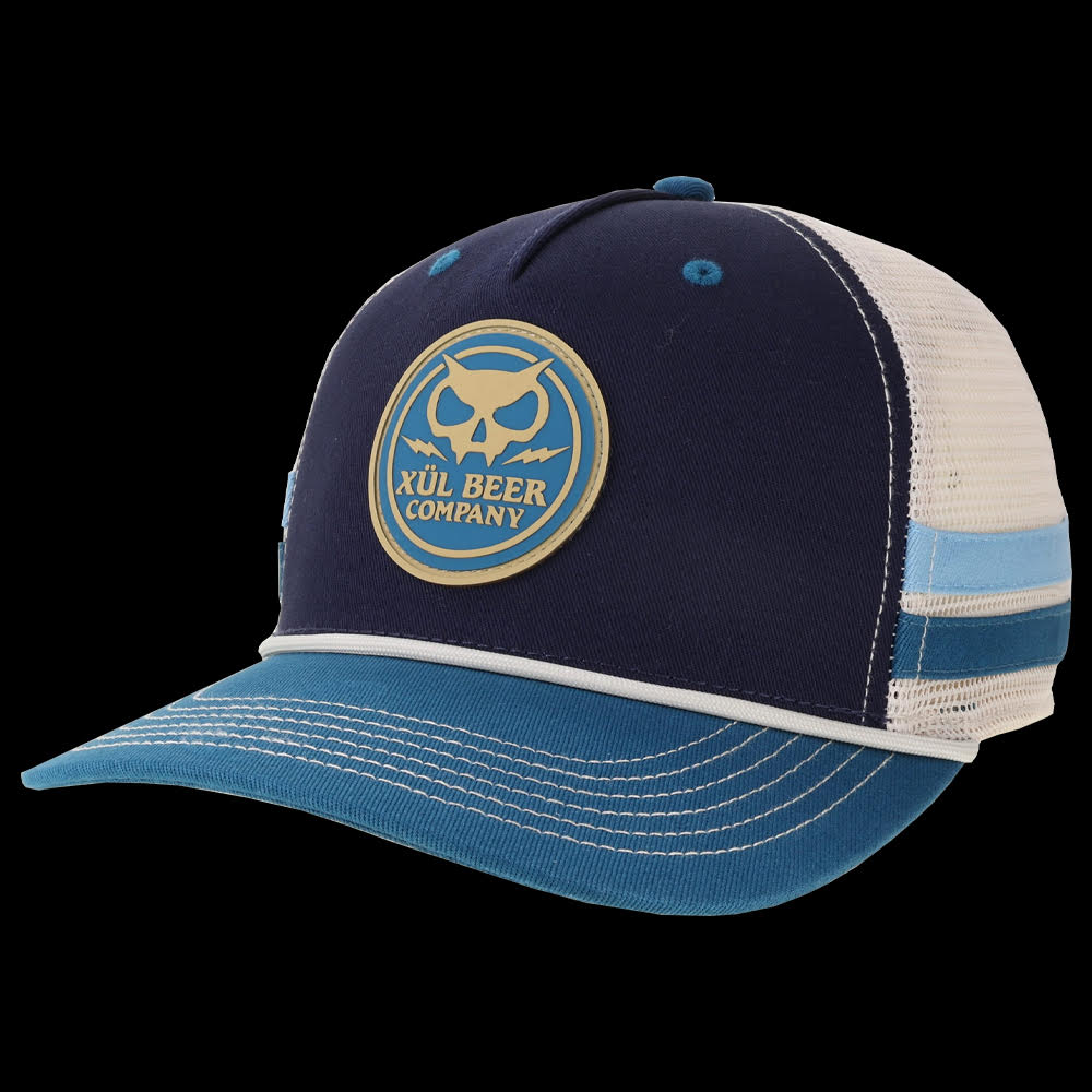 Navy and Powder Striped Fang Head Trucker Hat