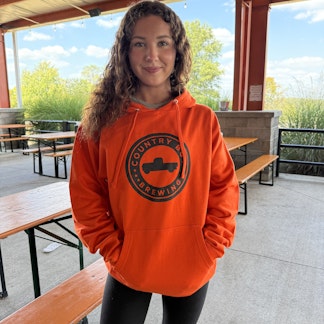 Blaze Orange Hoodie, Black Country Boy Logo in center.