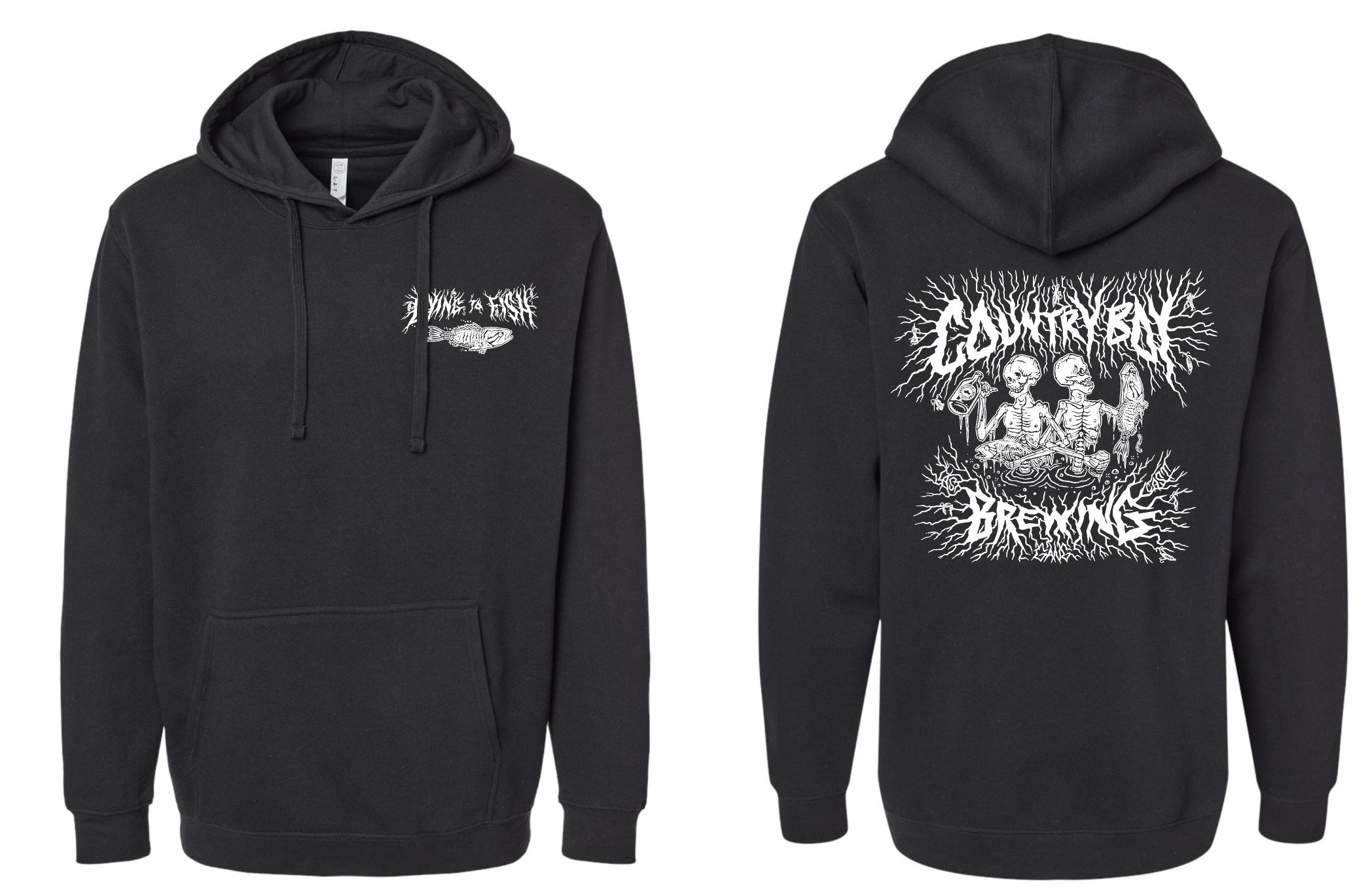 Black hoodie, white text on front says "Dying to Fish", skeleton Country Boy Logo on Back