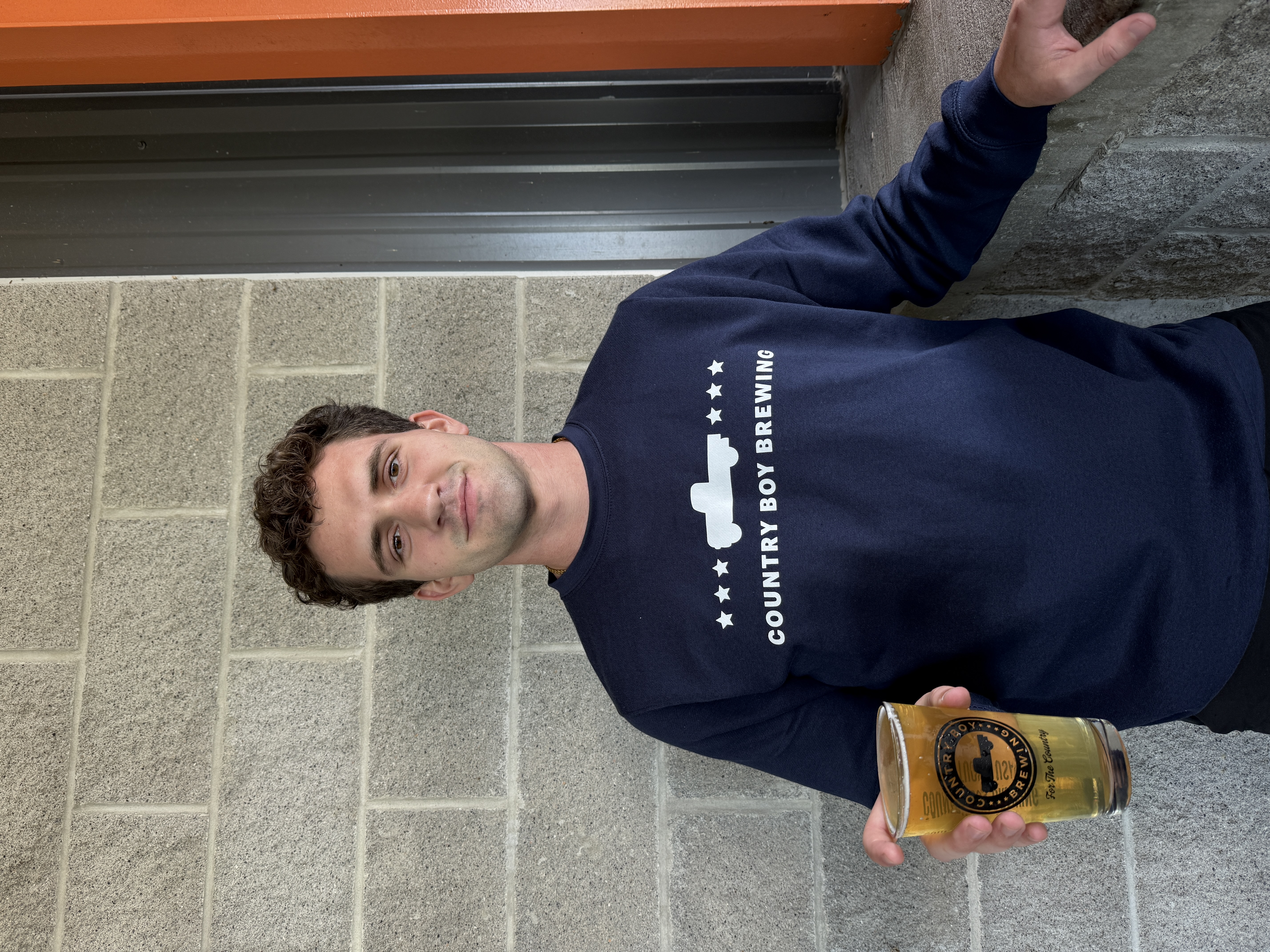 Navy Crew neck, White letters saying Country Boy Brewing with Truck and Stars logo