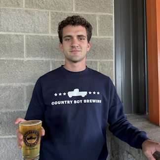 Navy Crew neck, White letters saying Country Boy Brewing with Truck and Stars logo