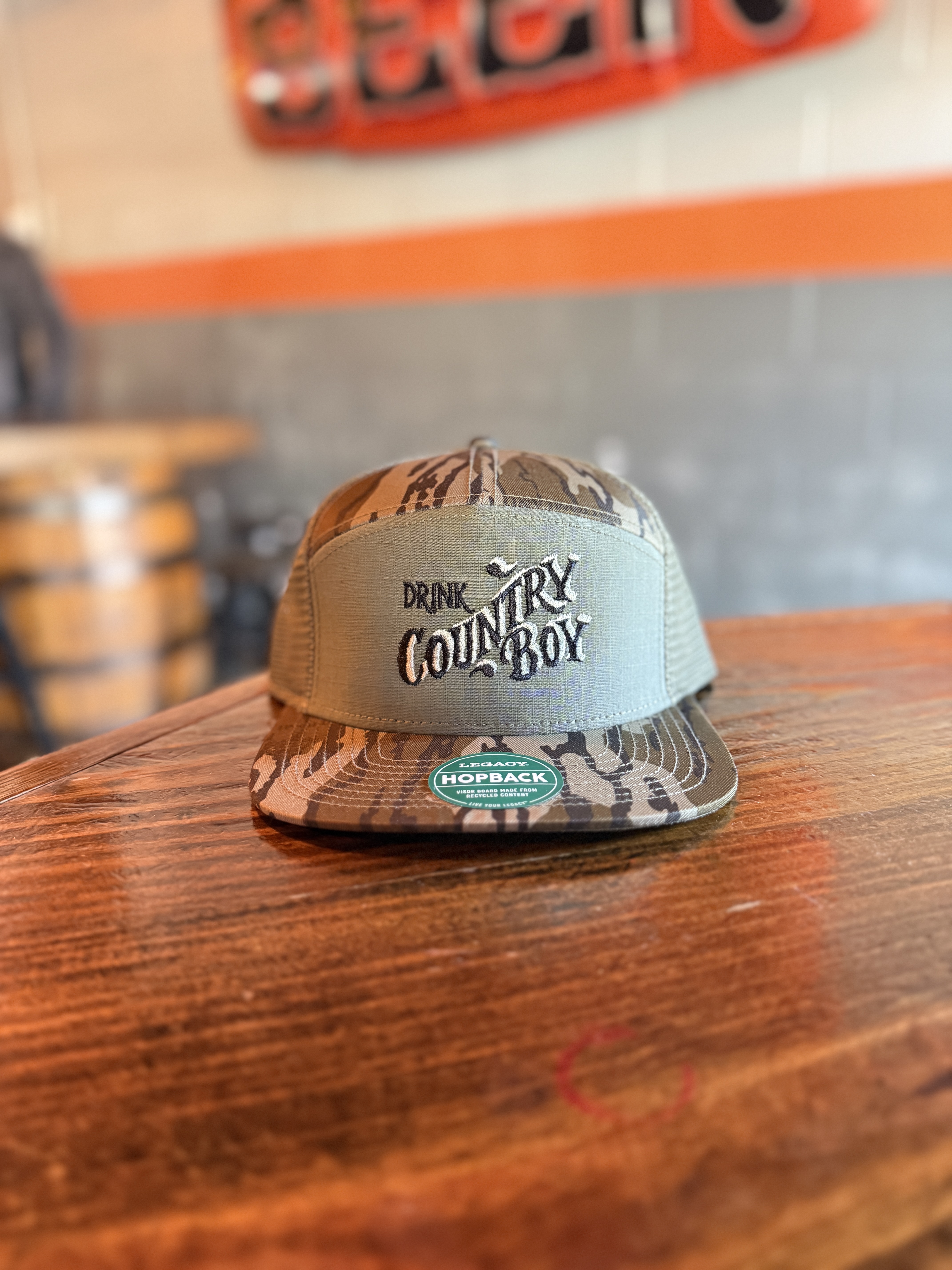 Camo hat, Green Drink Country Boy in letters across front.