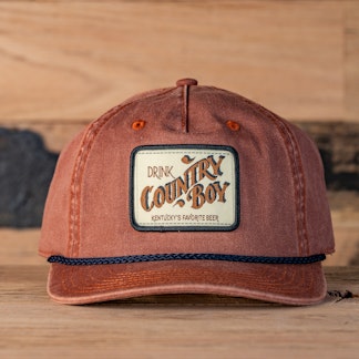 Orange hat, Blue Cord, Drink Country Boy patch in center front.