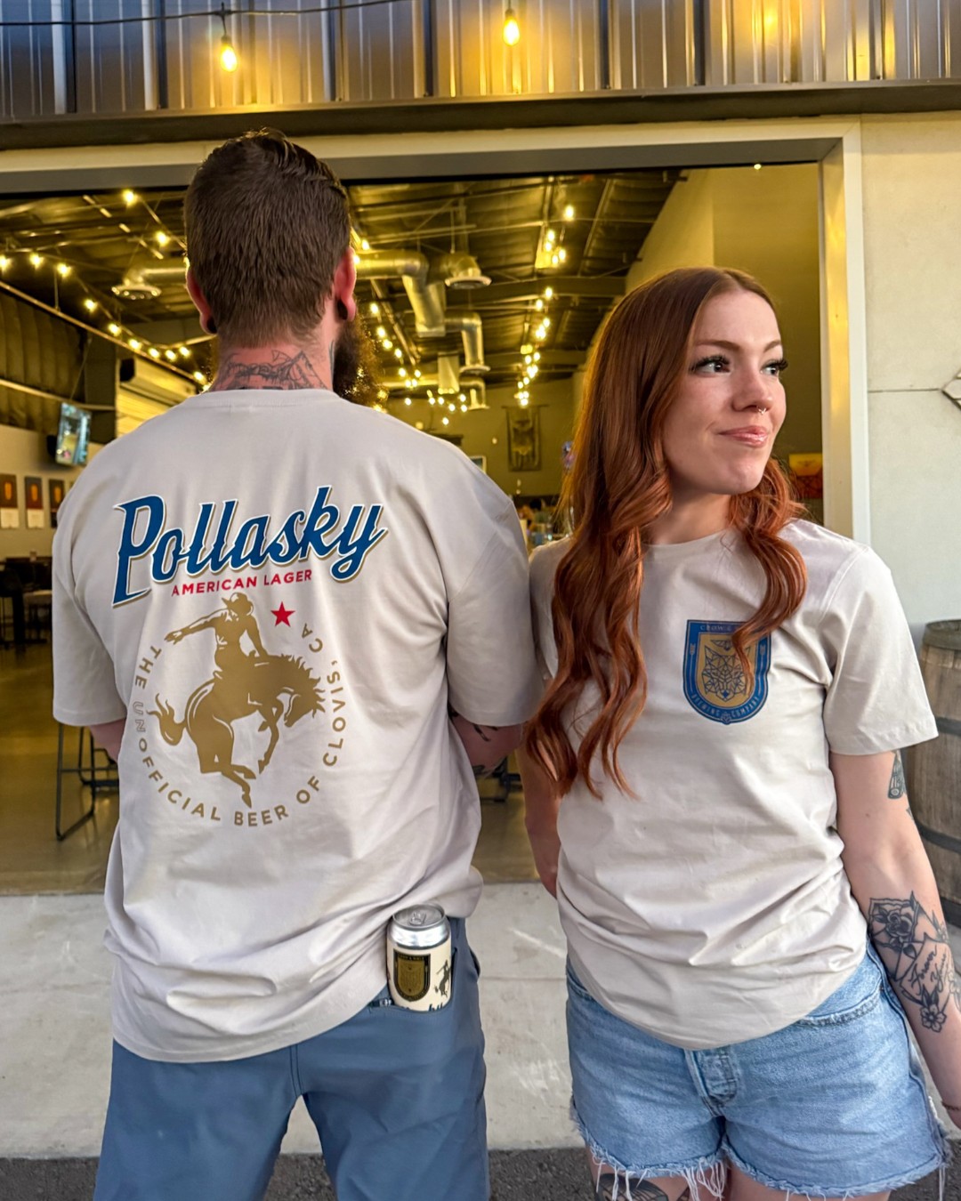 models wearing Pollasky t-shirt, showing front and back of the shirt