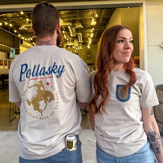 models wearing Pollasky t-shirt, showing front and back of the shirt