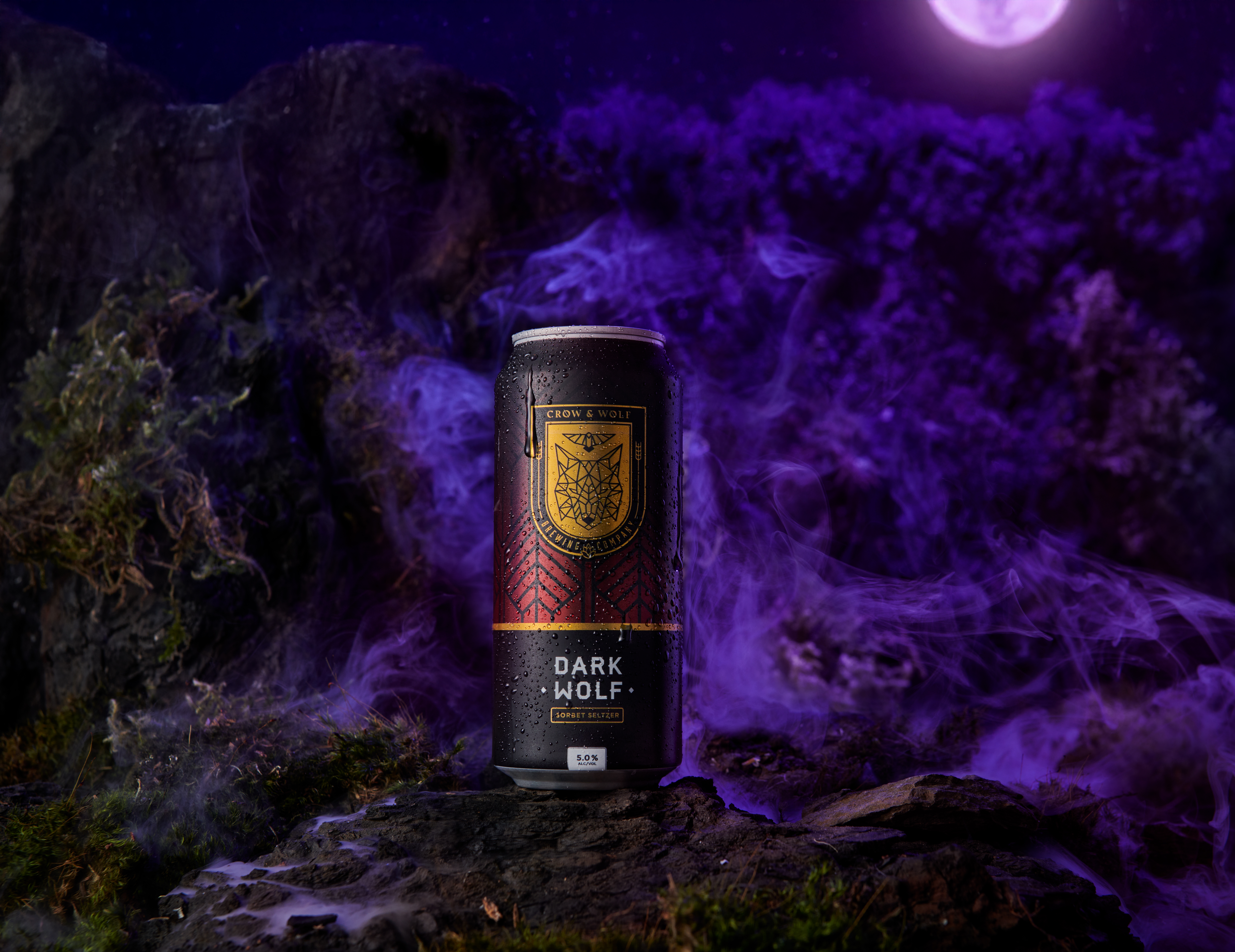 A can of Dark Wolf with smoke and a moon in the sky