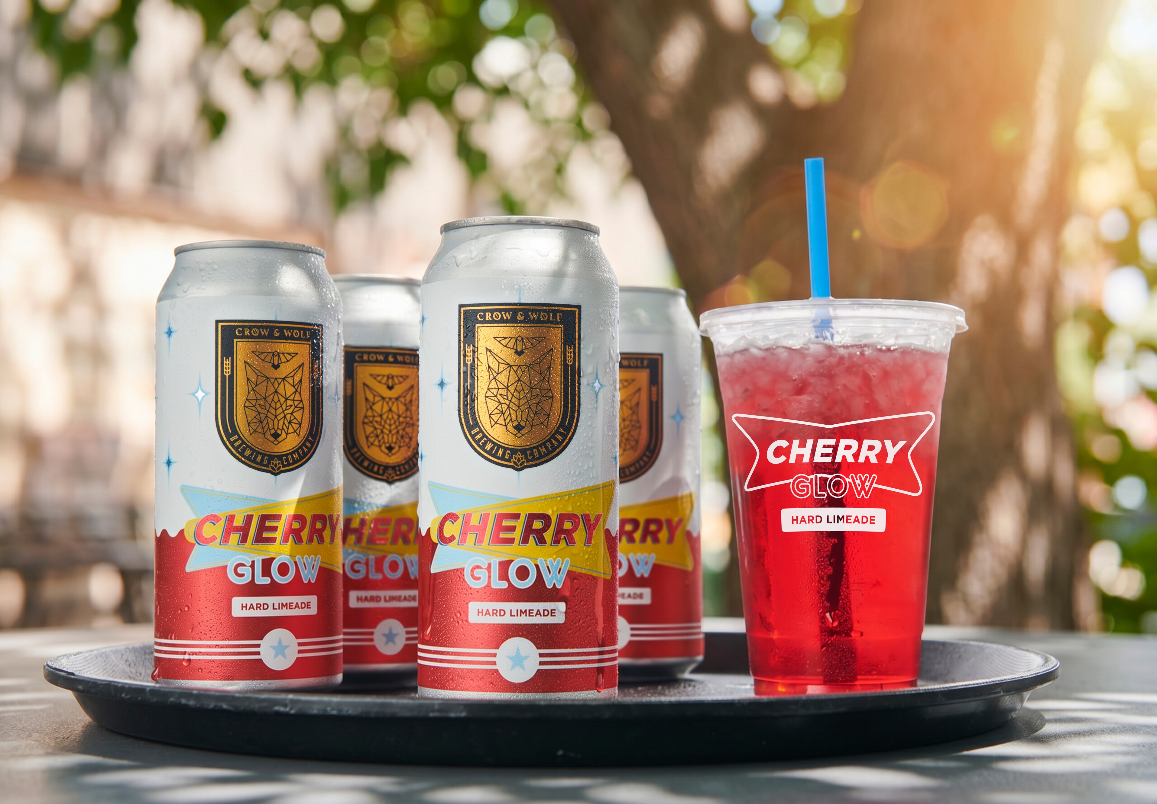 picture of cherry glow cans on a tray and a cup filled with Cherry Glow a red liquid