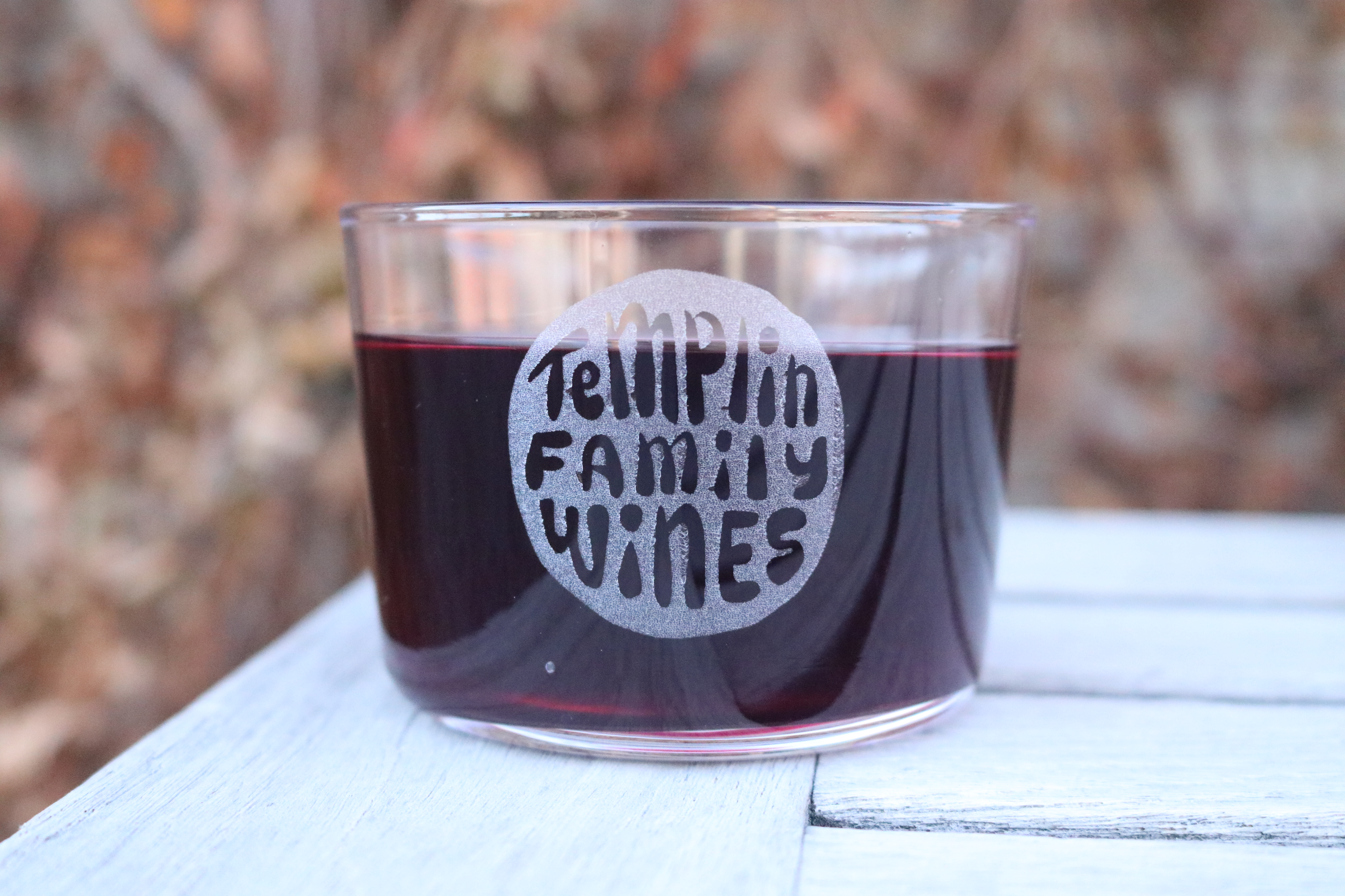Bodega wine glass filled with a beautiful Pinot Noir/Syrah blend with Templin Family Wines etched on the glass. Available for sale on our website, $12 plus tax