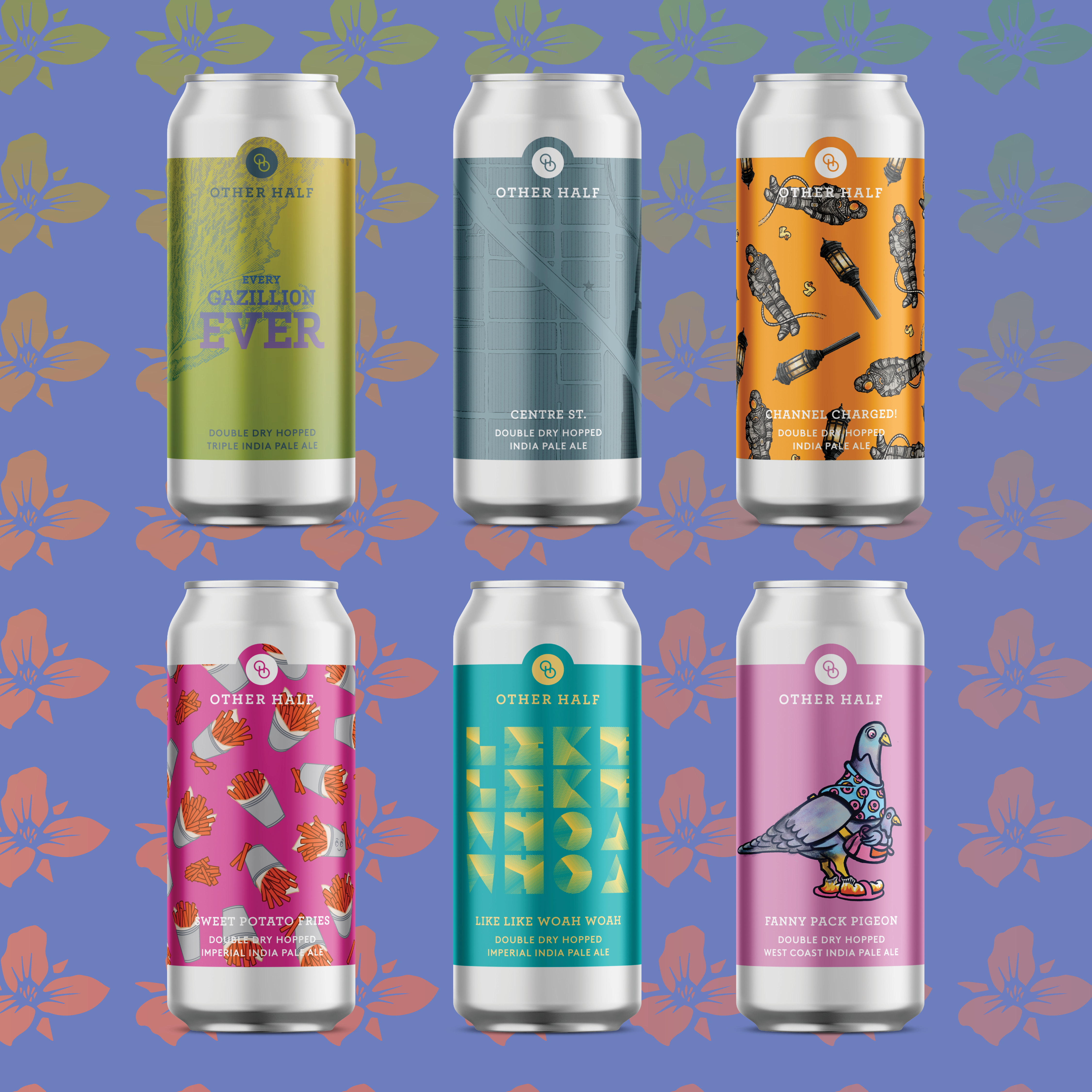 Renders of 6 beer cans on a patterned background