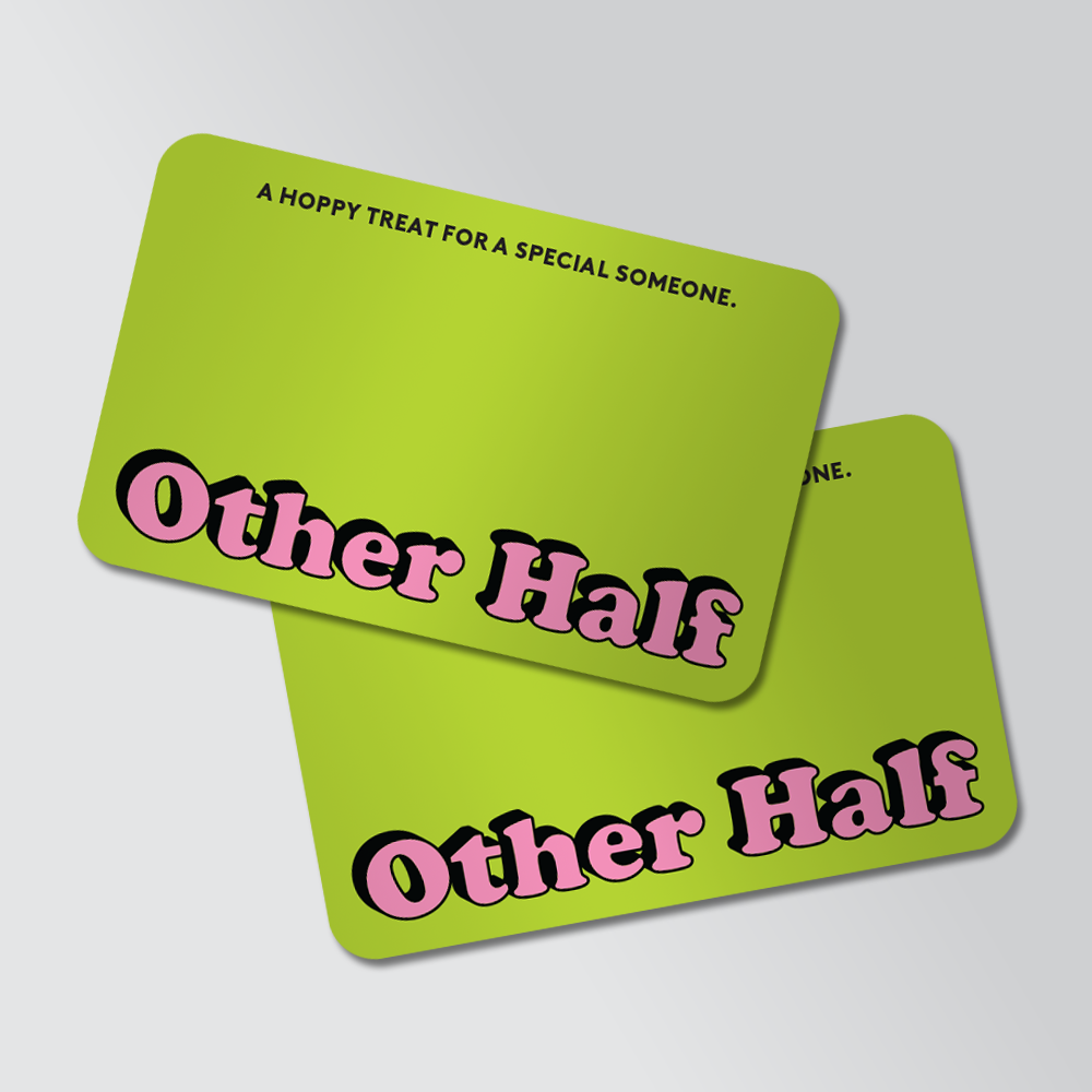 Render of two green Other Half gift cards with pink text