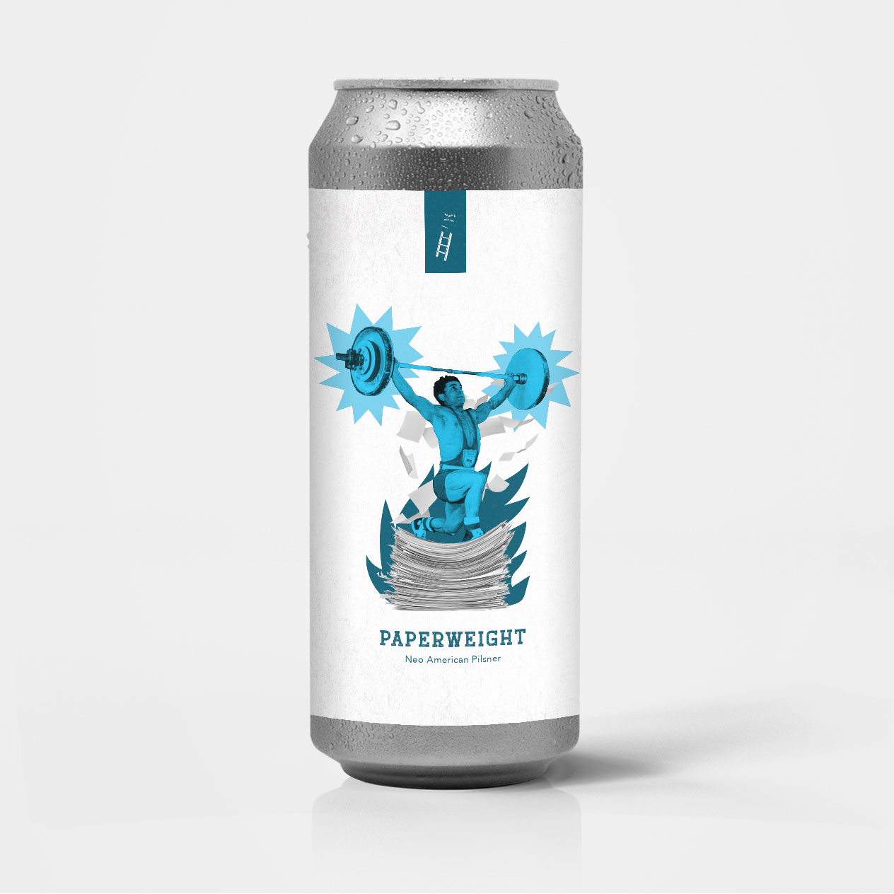 vintage looking man in blue lifting up a barbell on top of a stack of papers