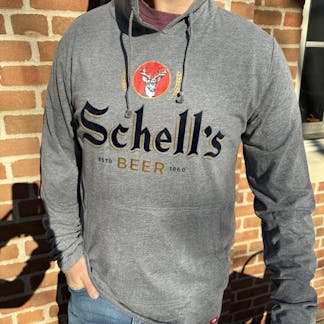 Grey light weight hood that says Schells on front.