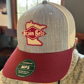 Grey and red baseball hat with Grain Belt Minnesota patch on front.