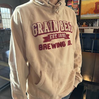 Cream colored hood with red raised letters that say Grain Belt.