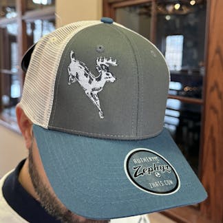 Blue, grey and white baseball hat with Deer on front.