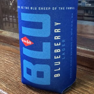 Blue can coozie with Grain Belt Blu logo.