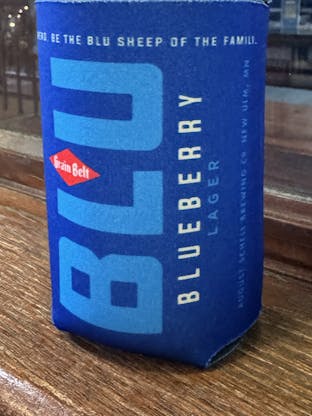 Blue can coozie with Grain Belt Blu logo.