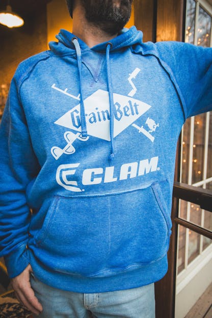 Blue hooded sweatshirt with Grain Belt and Clam logo on front.