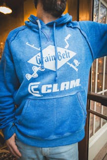 Blue hooded sweatshirt with Grain Belt and Clam logo on front.