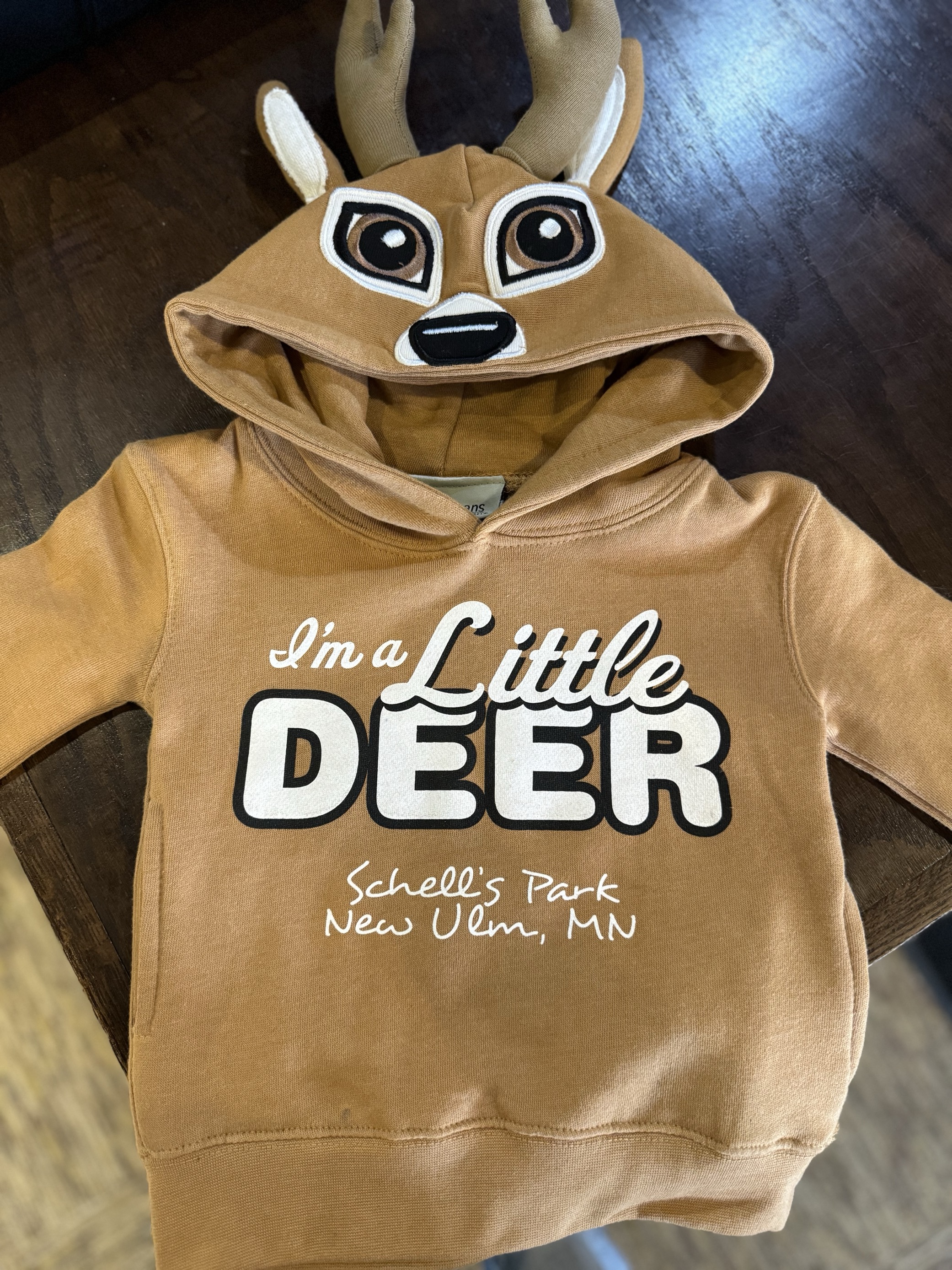 Brown kids hoodie with Schells park logo on front.