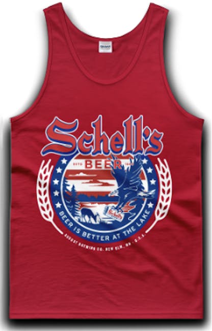Red tank top with Schell logo on front.