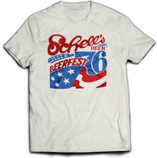 White T-shirt with Schell beerfest logo on front.
