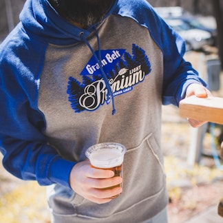 Grey sweatshirt with blue sleeves and the Grain Belt Premium Light logo on chest.