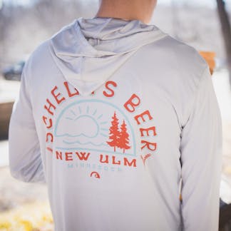 Pearl grey light weight hooded sweatshirt with Schell logo on front and back.