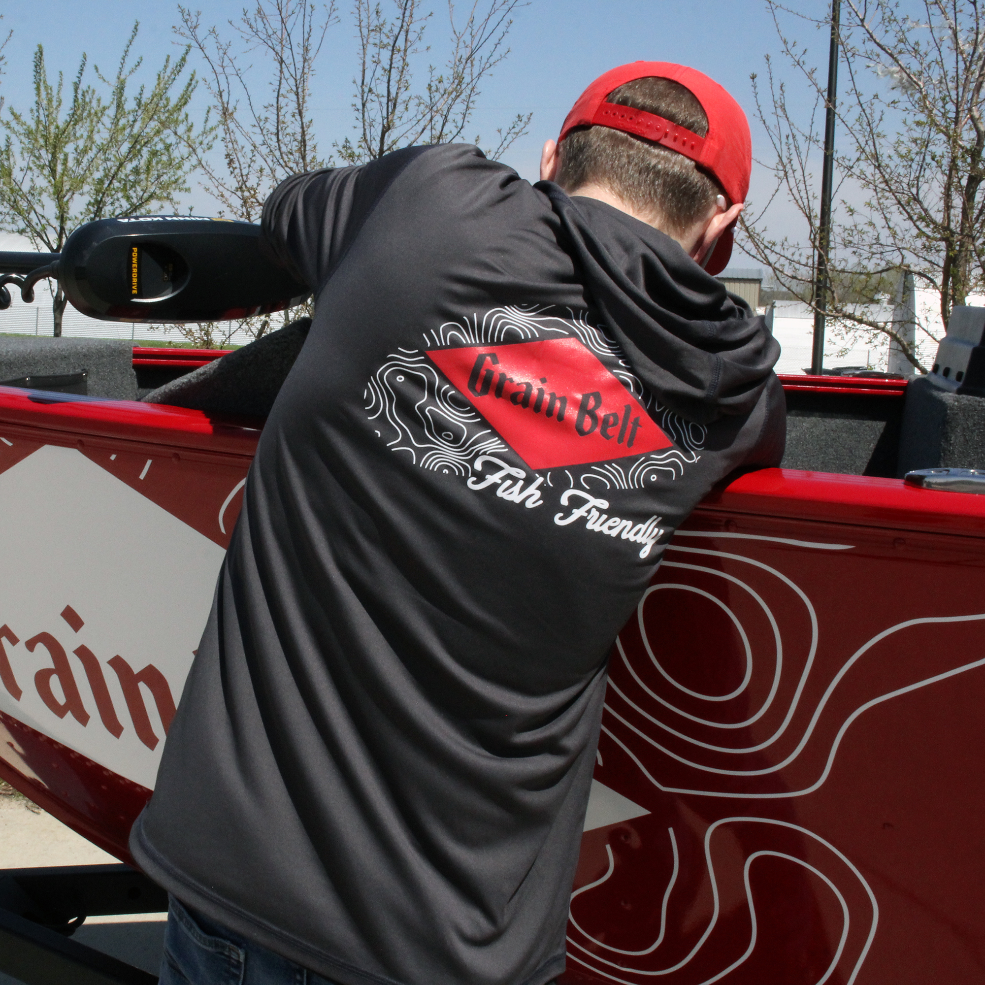 Carbon colored light weight hooded sweatshirt with Grain Belt logo on front and back.
