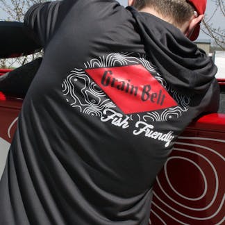 Carbon colored light weight hooded sweatshirt with Grain Belt logo on front and back.