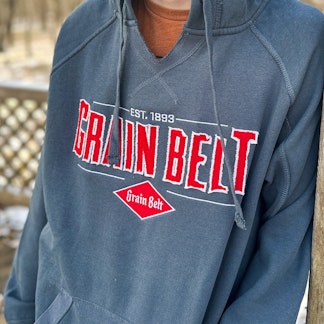 Navy hooded sweatshirt with Grain Belt in red on the front.