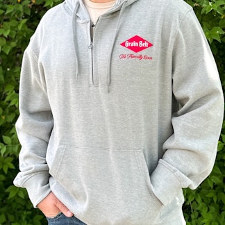 Grey hooded quarter zip sweatshirt with Grain Belt logo on left lapel.