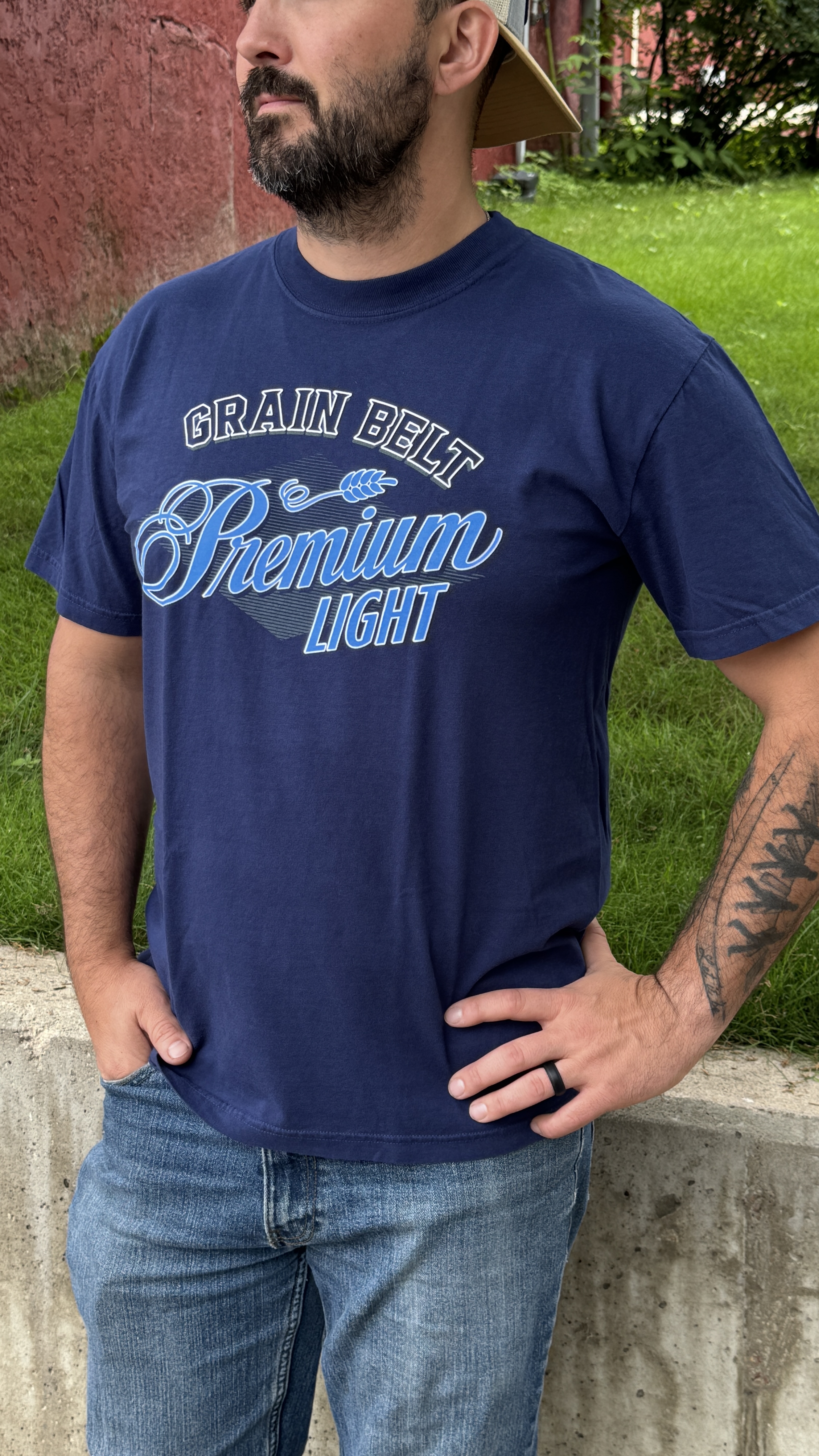 Navy blue t-shirt with Grain Belt Premium Light on the front.