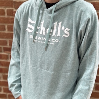 Jade green hooded sweatshirt with Schell logo on the front.