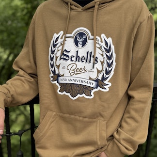 Brown colored hooded sweatshirt with Schell 165th anniversary logo on the front.