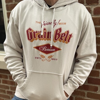 Ivory colored hooded sweatshirt with Grain Belt logo on the front.
