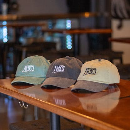 3 NEBCO state logo hats with, green with white embroidery logo, black with white embroidery logo, tan with black brim and embroidery logo