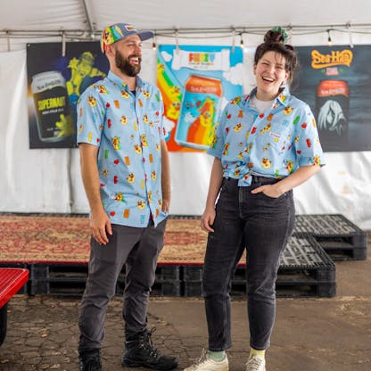 Male and female model wearing Fuzzy camp Shirts