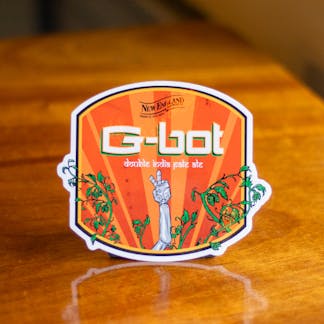 Close-up photo of G-Bot Beer logo sticker