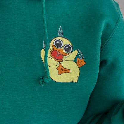 Close up of Fuzzy Baby Duck left chest logo on sweatshirt