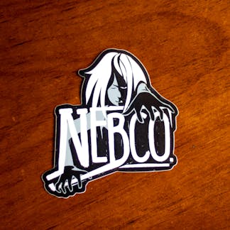 Close-up photo of New England Brewing co State outline and Sea Hag logo sticker