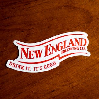 Close-up photo of New England Brewing co logo sticker